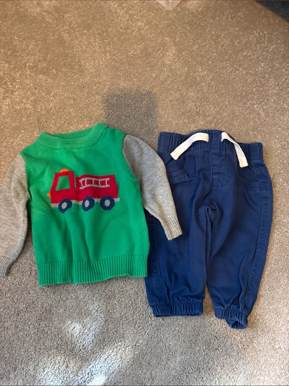 The Children's Place Green Firetruck Sweater & Navy Jogger Set